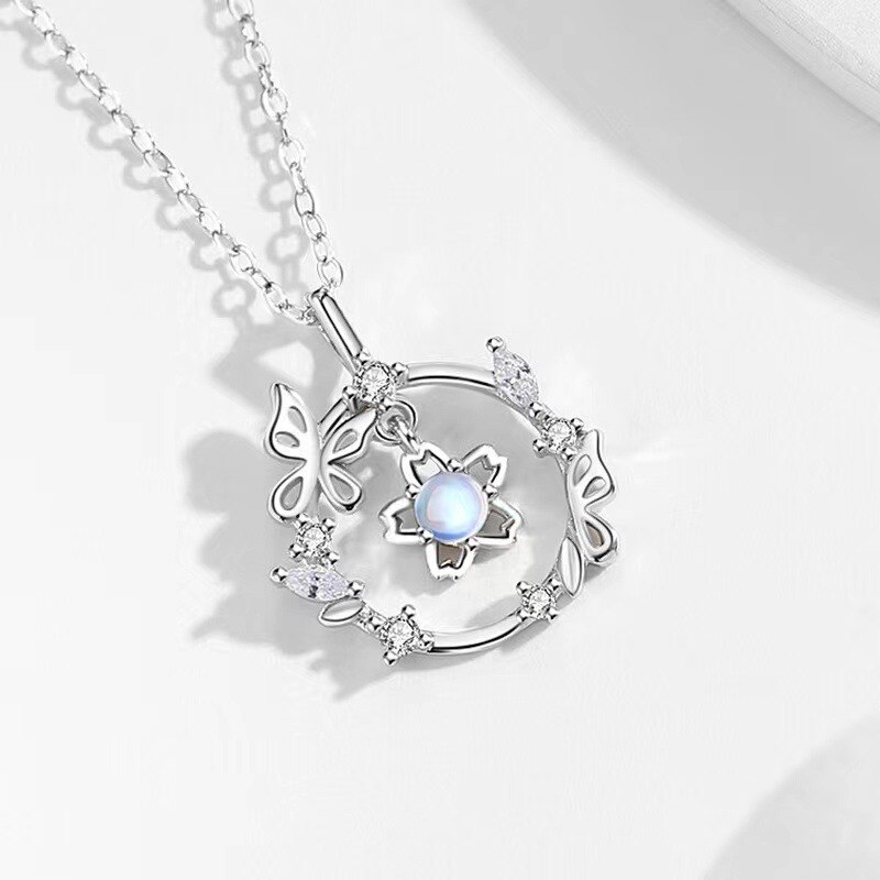 Collier en argent sterling avec cercle et pierre de lune et papillons pour femme-3