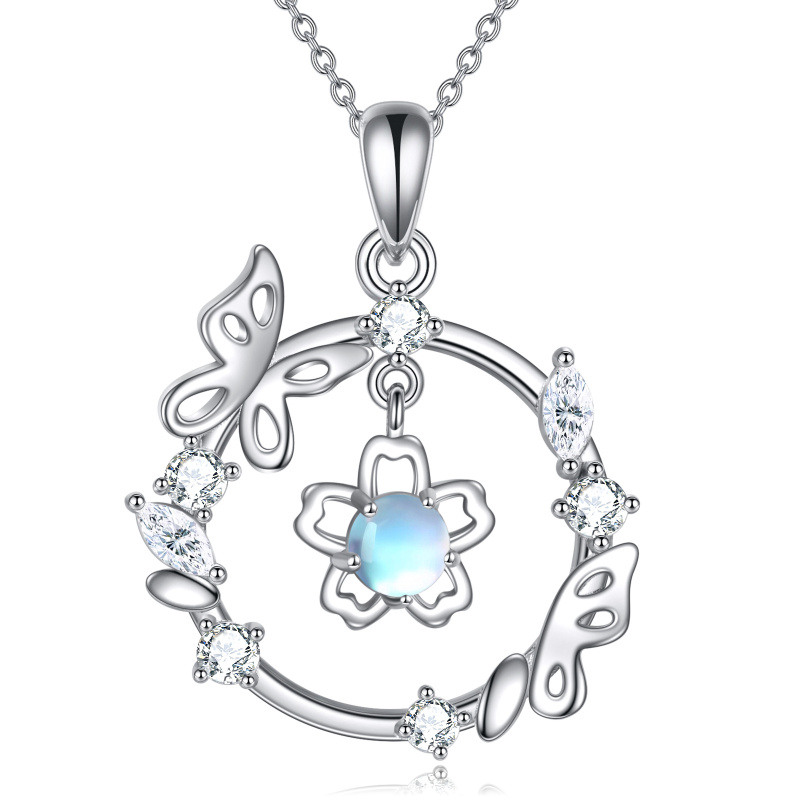 Collier en argent sterling avec cercle et pierre de lune et papillons pour femme-1