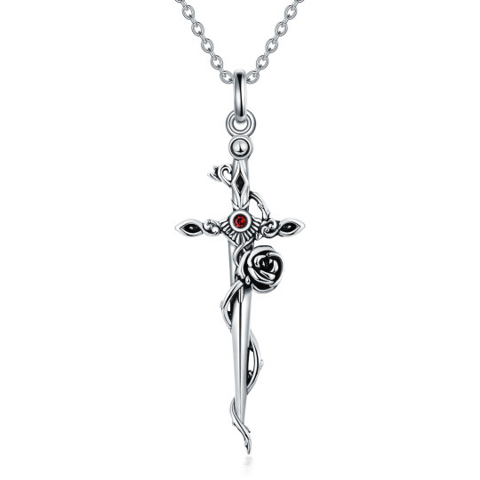 Collar con colgante de plata de ley con circonita cúbica circular y cruz con espada para mujer