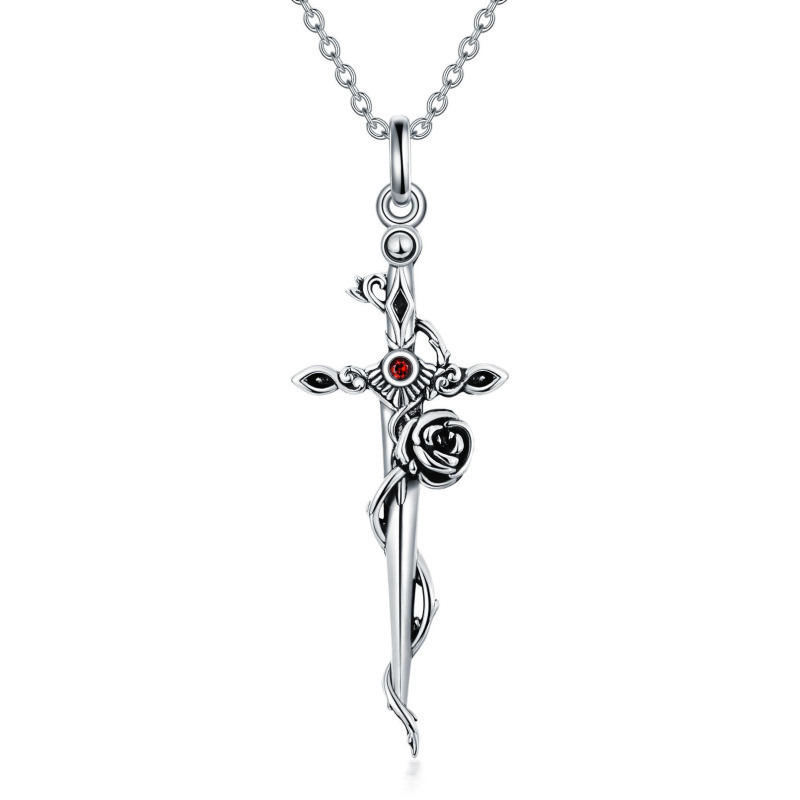 Sterling Silver Circular Cubic Zirconia Rose With Cross With Sword Pendant Necklace For Women-15