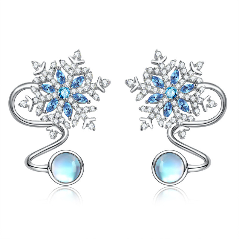 Pendientes trepadores de plata de ley con piedra lunar circular y circonita cúbica para mujer-1