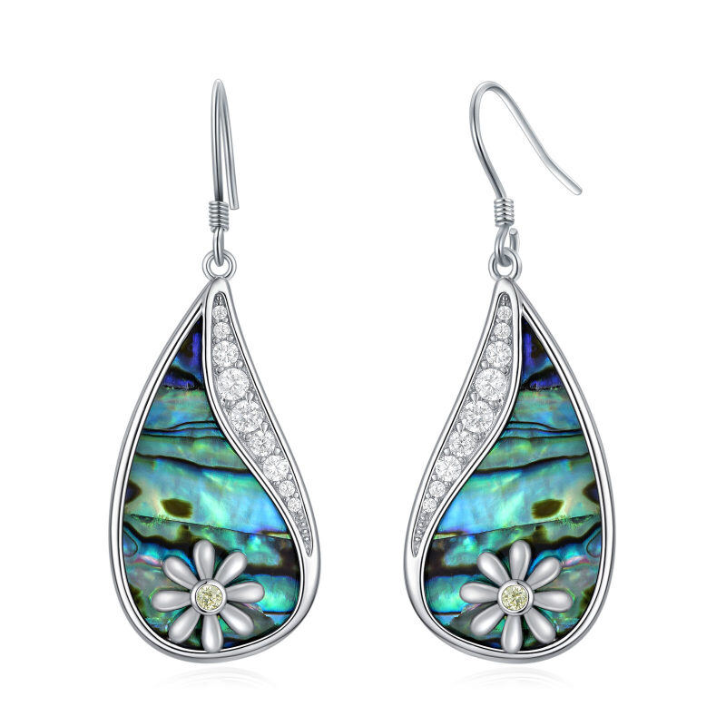 Sterling Silver Circular Shaped Abalone Shellfish & Cubic Zirconia Daisy Drop Earrings-13