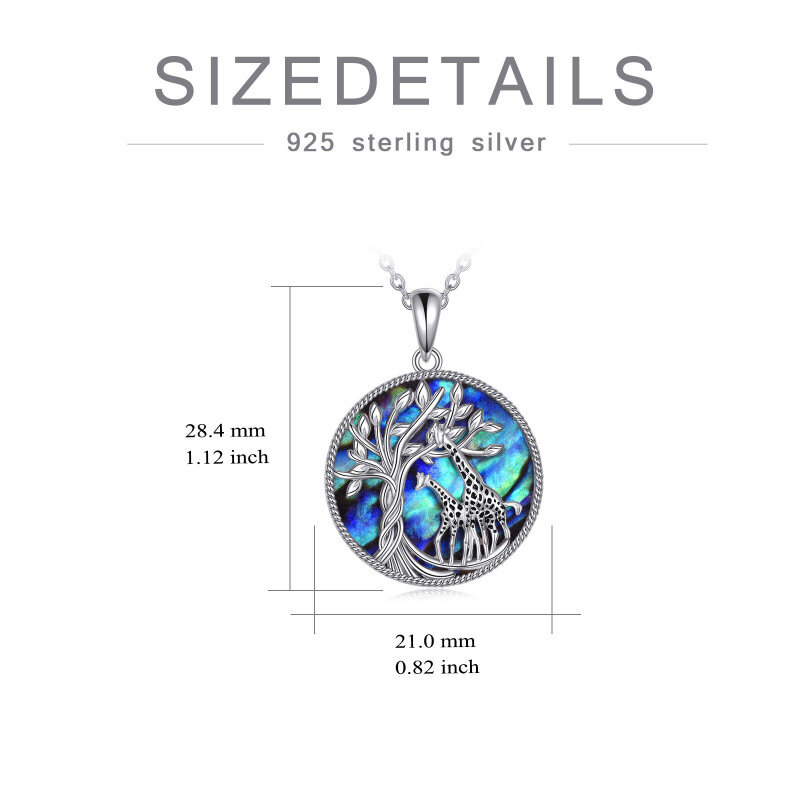 Collar con colgante de árbol de la vida en forma de jirafa y concha de abulón en forma circular en plata de ley-5
