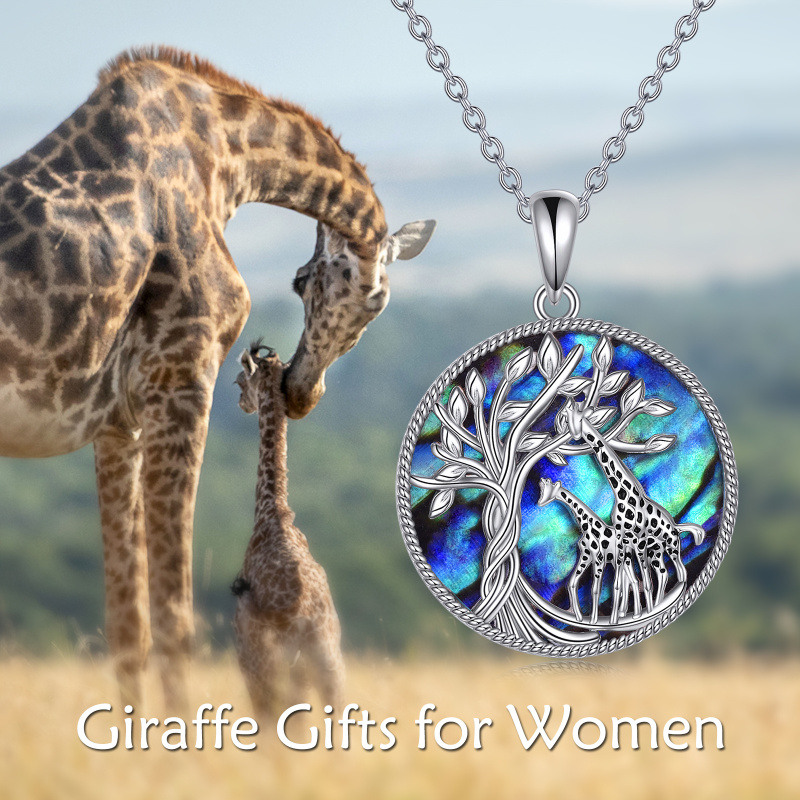 Collar con colgante de árbol de la vida en forma de jirafa y concha de abulón en forma circular en plata de ley-6