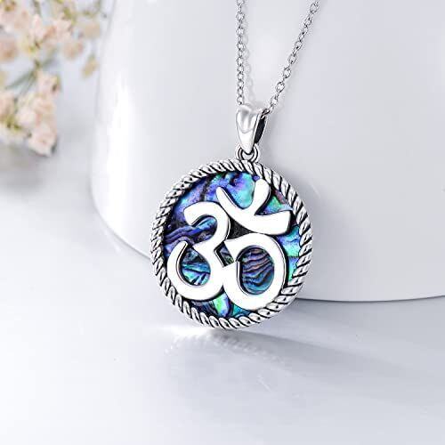Sterling Silver Circular Shaped Abalone Shellfish Ohm Pendant Necklace-2