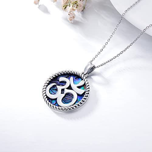 Sterling Silver Circular Shaped Abalone Shellfish Ohm Pendant Necklace-3