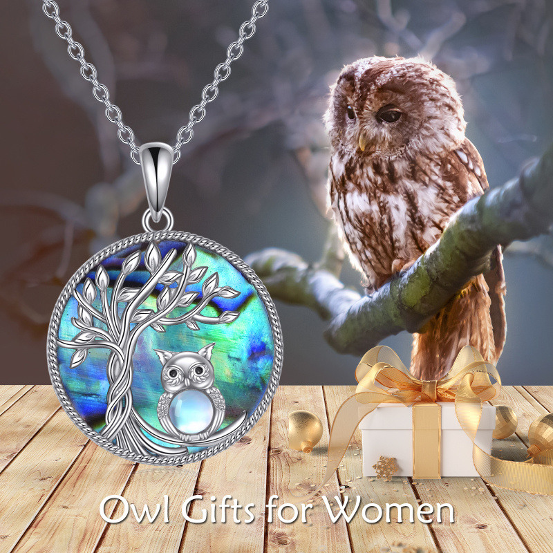 Sterling Silver Circular Shaped Abalone Shellfish Owl & Tree Of Life Pendant Necklace-6