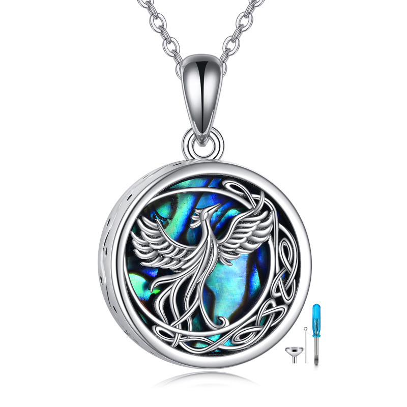 Collar de plata de ley con forma circular de concha de abulón Fénix y urna de nudo celta c-15