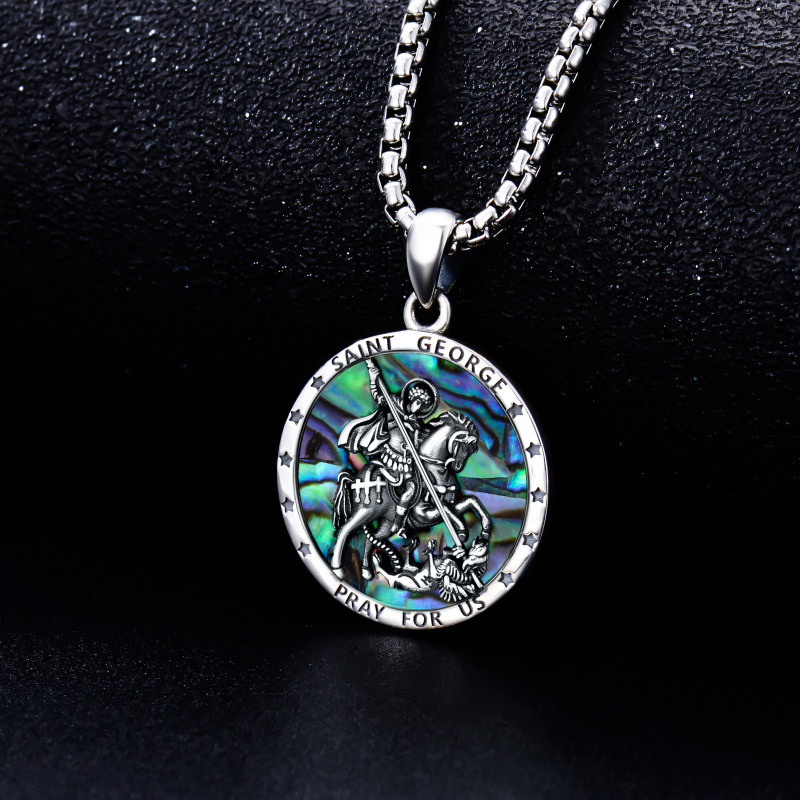 Collar colgante de plata de ley con forma circular de concha de abulón San Jorge con palab-4