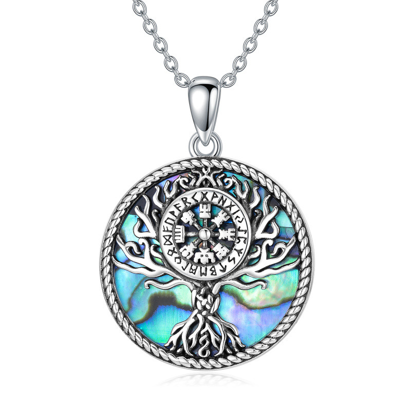 Sterling Silber kreisförmig Abalone Muschel Baum des Lebens & Viking Rune Anhänger Halsket-1