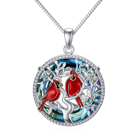 Sterling Silver Circular Shaped Crystal Cardinal & Tree Of Life Pendant Necklace with Engraved Word