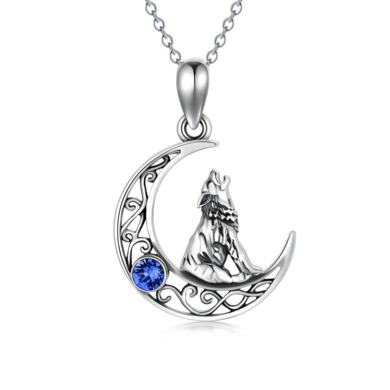 Sterling Silver Circular Shaped Crystal Wolf & Moon Pendant Necklace-20