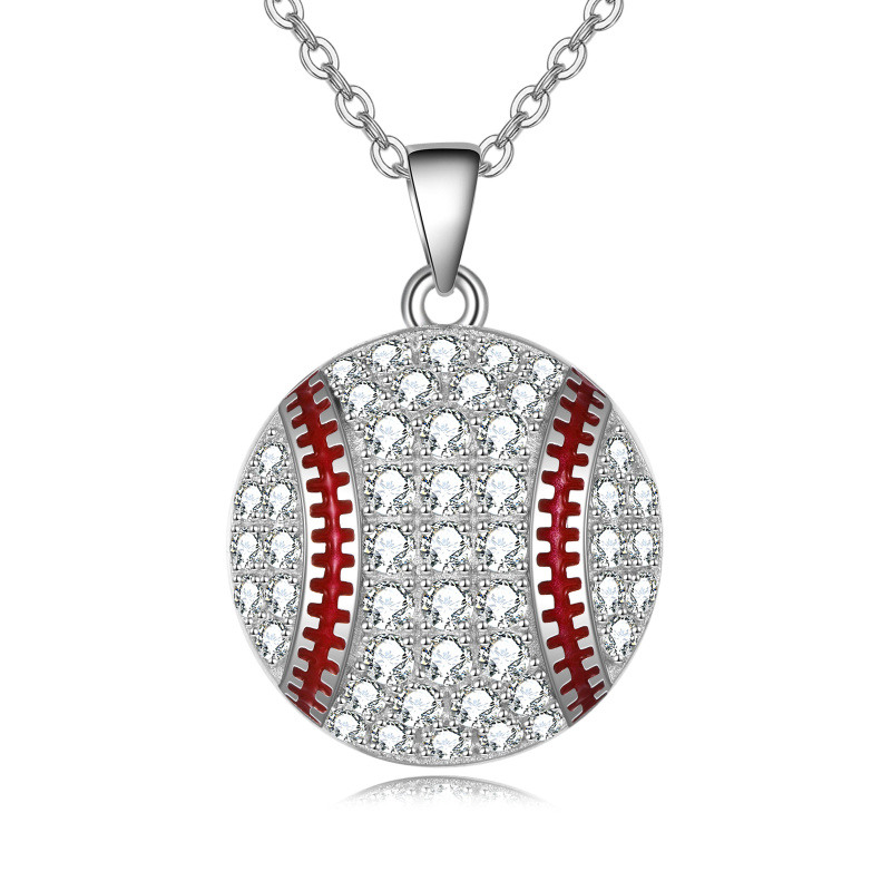 Srebrny naszyjnik z okrągłym wisiorkiem z cyrkoniami w kształcie piłki baseballowej-1
