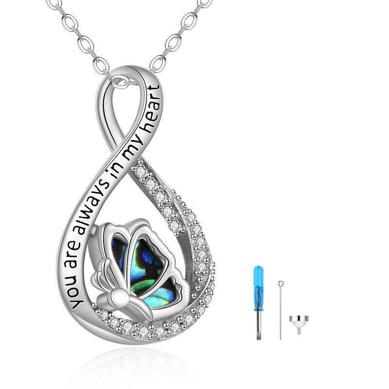 Collar de urna con símbolo de infinito de mariposa y circonita cúbica en forma circular de plata de ley para cenizas con palabra grabada-20