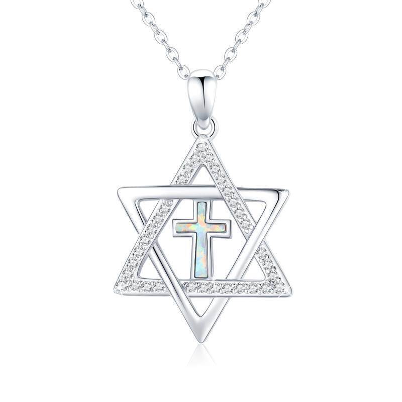 Collar colgante de plata de ley con forma circular de circonita cúbica, cruz y estrella de-20