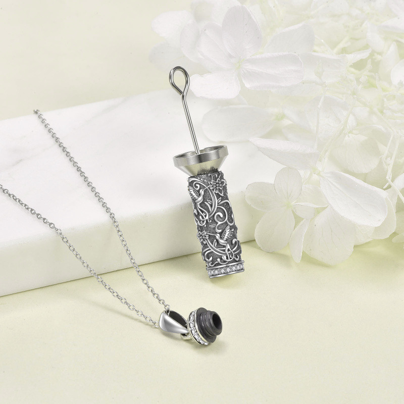 Sterling Silver Circular Shaped Cubic Zirconia Hummingbird & Bar Urn Necklace for Ashes-5