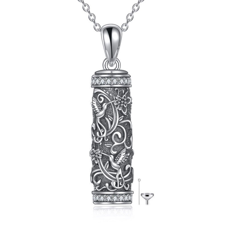 Sterling Silver Circular Shaped Cubic Zirconia Hummingbird & Bar Urn Necklace for Ashes-14