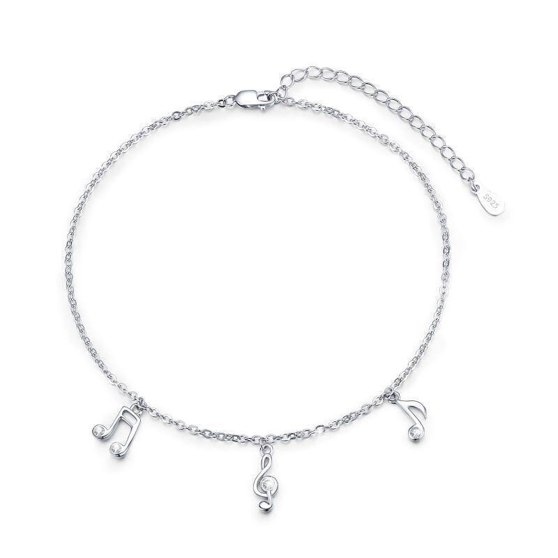 Sterling Silver Circular Shaped Cubic Zirconia Music Symbol Single Layer Anklet-9