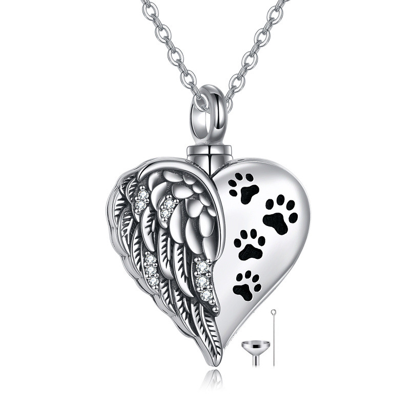 Collar de urna para cenizas con forma de corazón de pata de circonita cúbica circular de plata de ley con palabra grabada-20