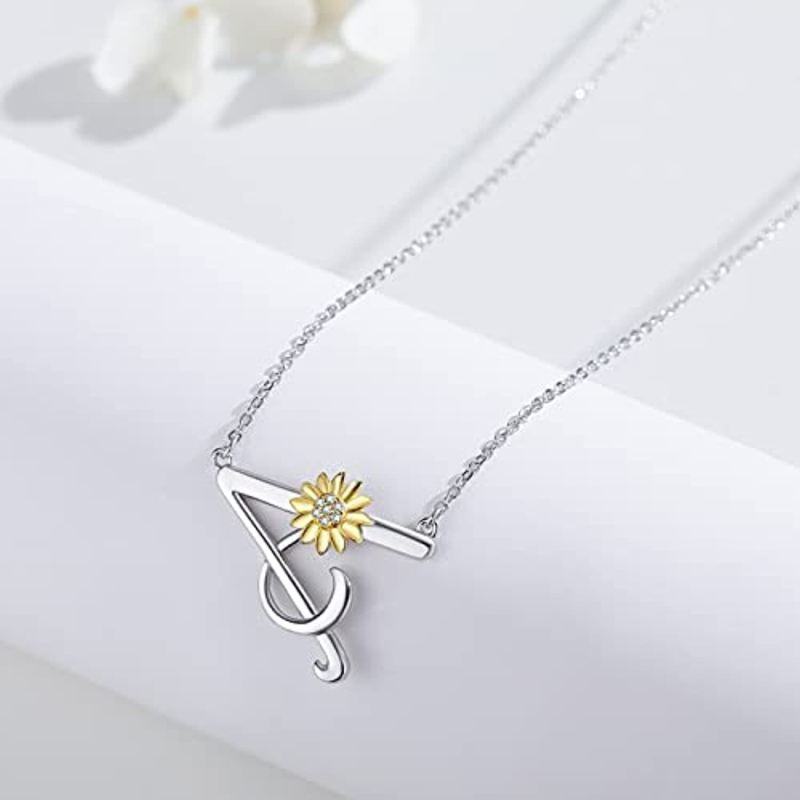 Collar con colgante de girasol de circonita cúbica en forma circular de plata de ley-5