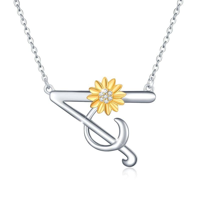 Collar con colgante de girasol de circonita cúbica en forma circular de plata de ley-1