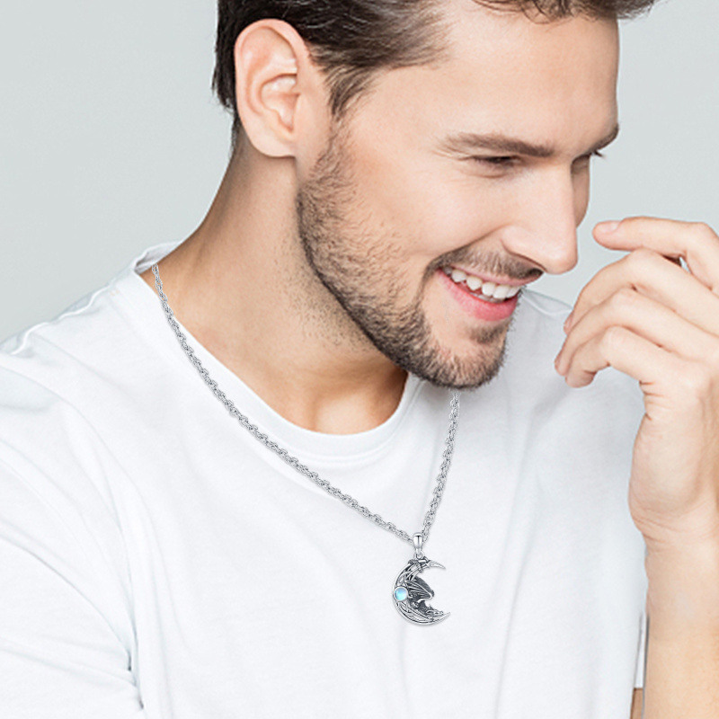 Sterling Silver Circular Shaped Moonstone Dragon Singapore Pendant Necklace for Men-3