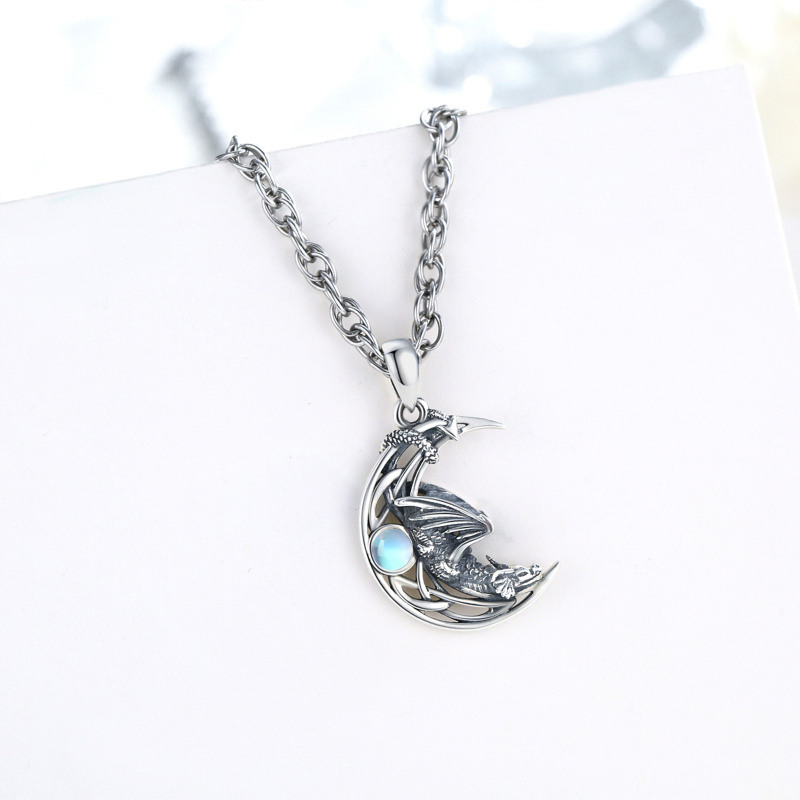Sterling Silver Circular Shaped Moonstone Dragon Singapore Pendant Necklace for Men-4
