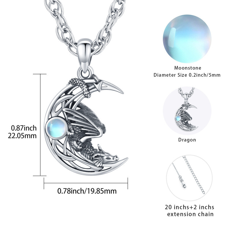 Sterling Silver Circular Shaped Moonstone Dragon Singapore Pendant Necklace for Men-5