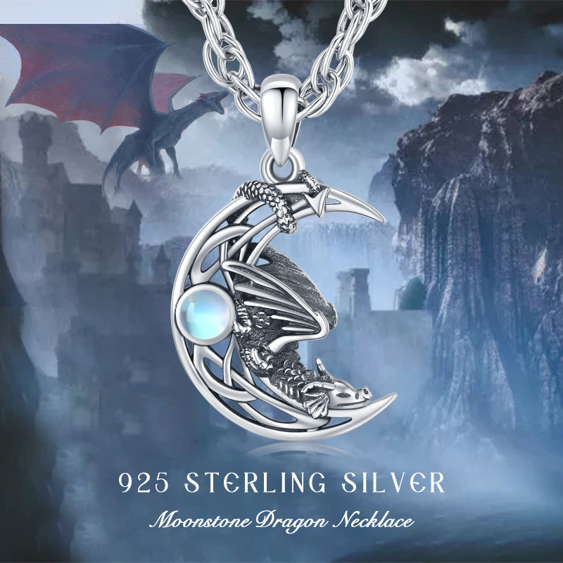 Sterling Silver Circular Shaped Moonstone Dragon Singapore Pendant Necklace for Men-6