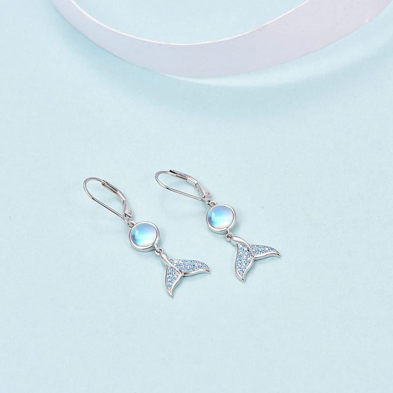 Pendientes de plata de ley con forma circular de piedra lunar y cola de sirena-4