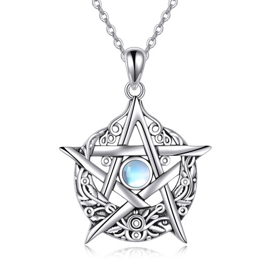 Sterling Silver Circular Shaped Moonstone Pentagram Pendant Necklace