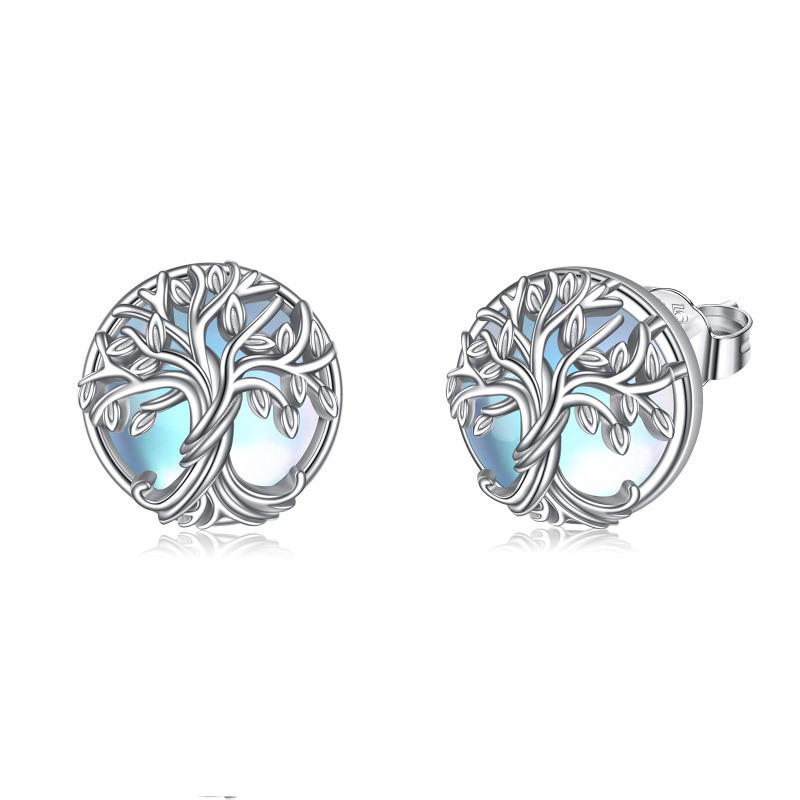Pendientes de plata de ley con forma circular de piedra lunar Árbol de la vida-8