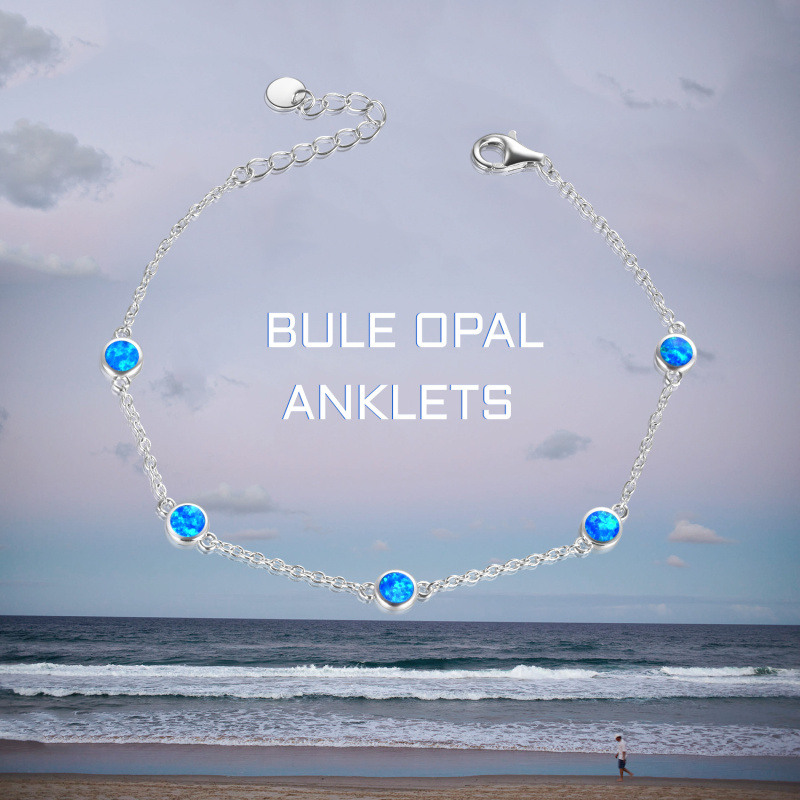 Tobillera de plata de ley con dije de ópalo en forma circular y una sola capa-5