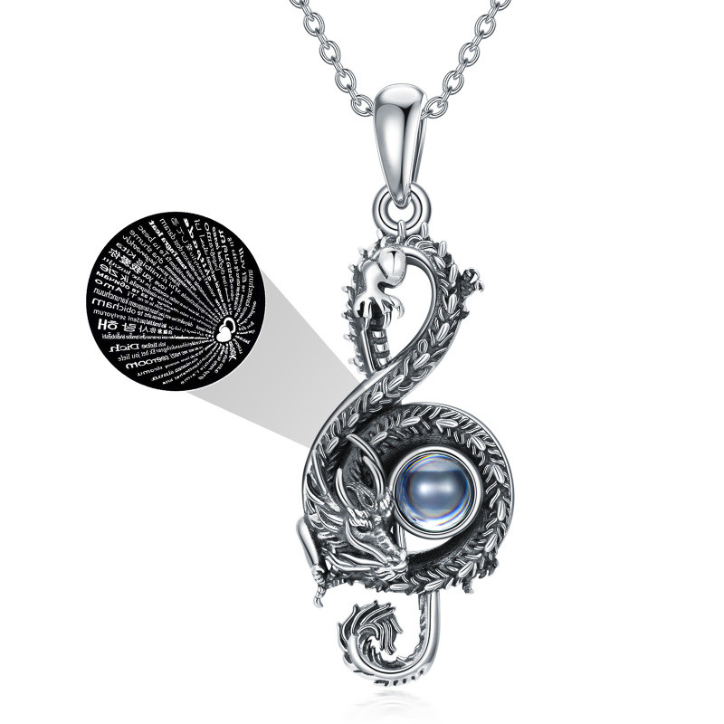 Sterling Silber kreisförmig Projektion Stein Drache & Musik Symbol Anhänger Halskette mit-20