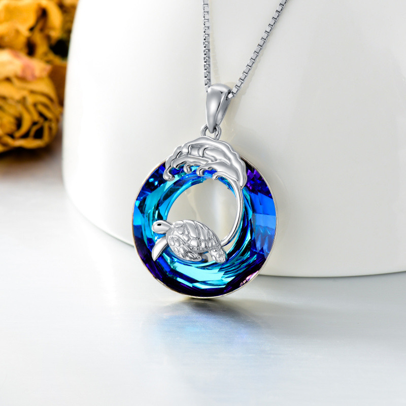 Collar con colgante de cristal en aerosol de tortuga marina en forma circular de plata de ley-4