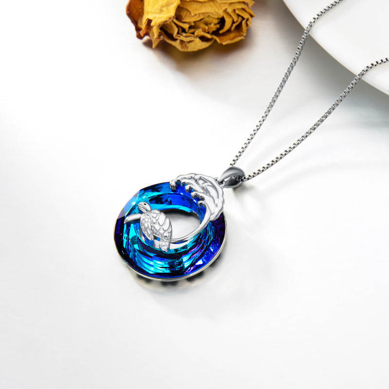 Collar con colgante de cristal en aerosol de tortuga marina en forma circular de plata de ley-5