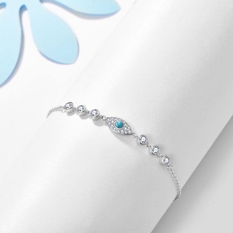 Pulsera de plata de ley con forma circular de turquesa y colgante de mal de ojo-3