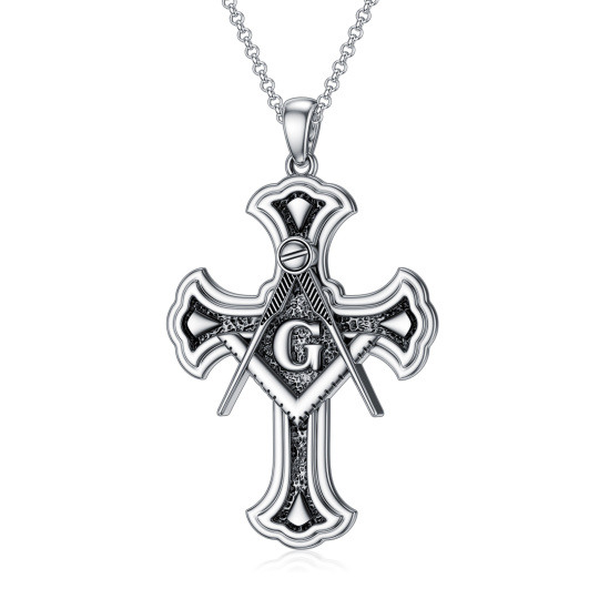 Collar con colgante de símbolo masónico de cruz de brújula de plata de ley para hombres