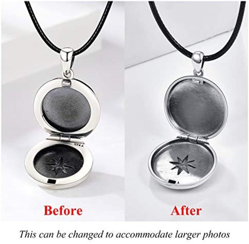 Collar Portafotos Personalizado Brújula de Plata de Ley con Cadena de Cuerda Negra-4