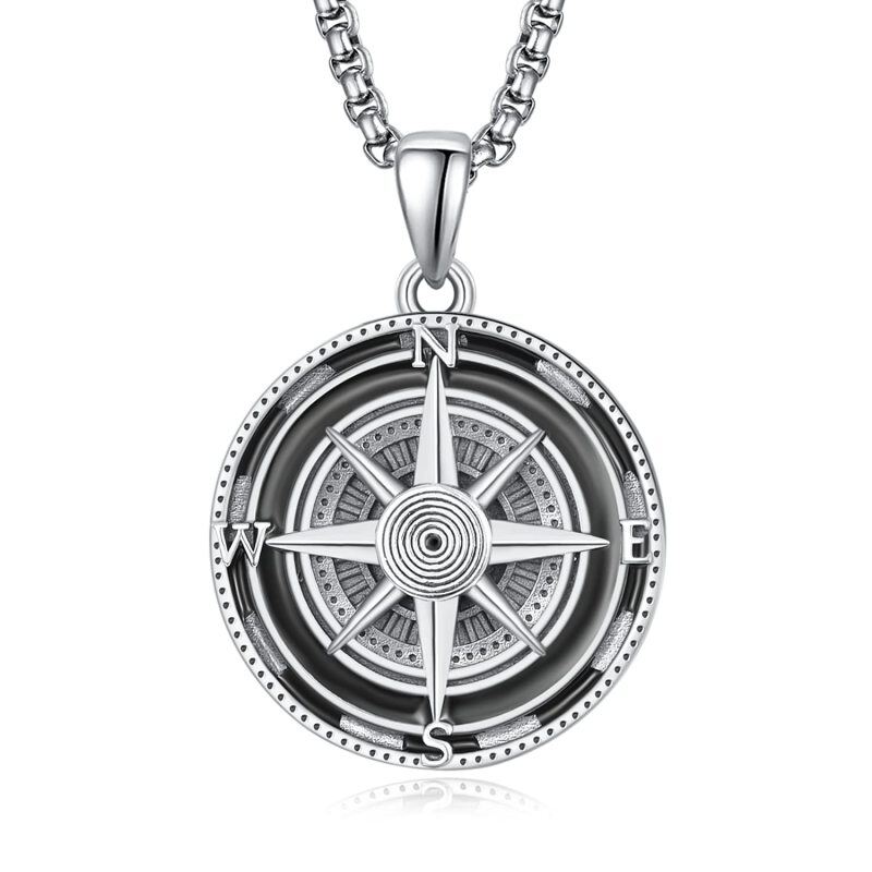 Sterling Silver Compass Stainless Steel Rolo Chain Pendant Necklace for Men-12
