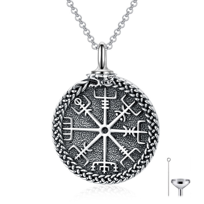 Sterling Silver Compass & Viking Rune Urn Necklace for Ashes for Men-4