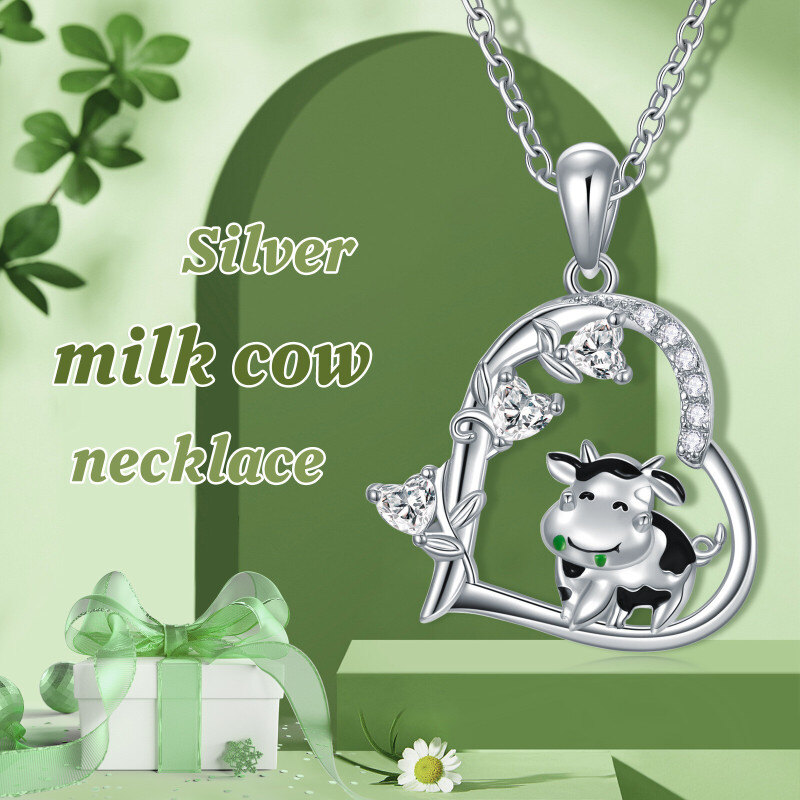 Collar con colgante de vaca y corazón de plata de ley con circonita cúbica, joyería de hiedra, regalo para niña-6