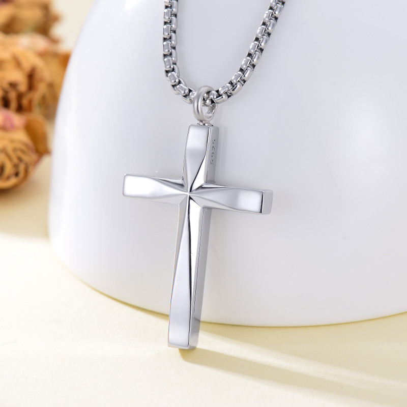 Cruz de plata de ley y collar urna símbolo de infinito con la palabra grabada-3
