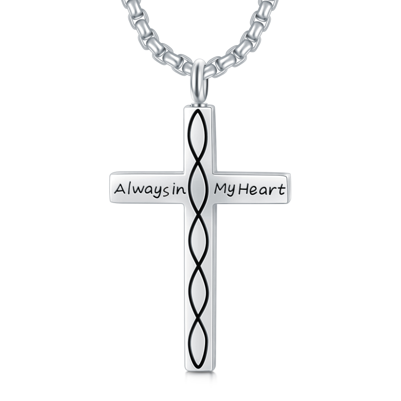 Cruz de plata de ley y collar urna símbolo de infinito con la palabra grabada-5