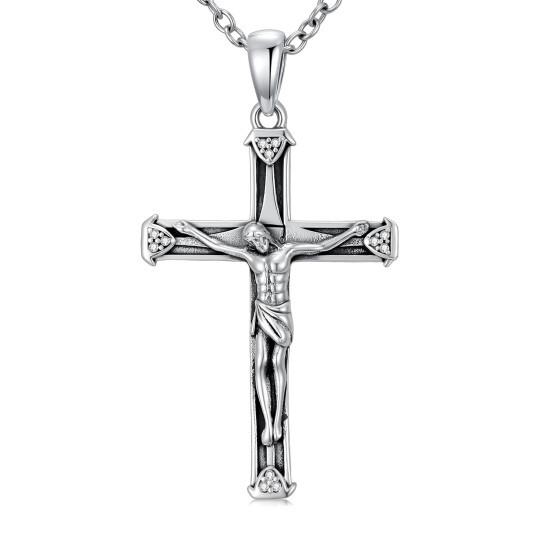 Colar com Pingente de Cruz e Jesus em Prata Esterlina para Homens