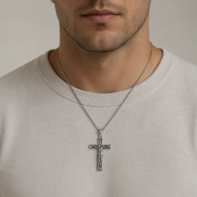 Sterling Silver Cross & Jesus Pendant Necklace for Men-2