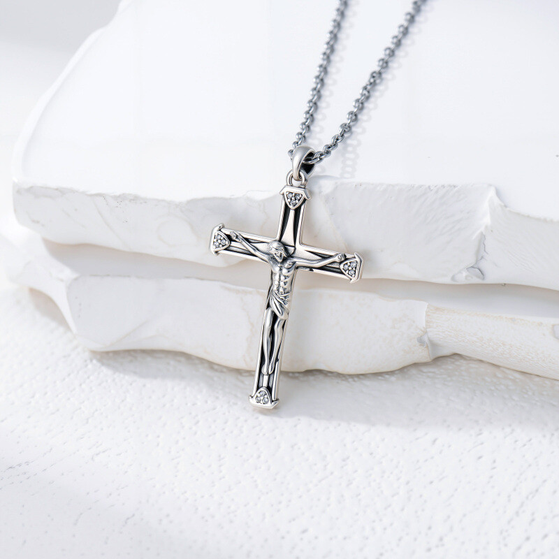 Sterling Silver Cross & Jesus Pendant Necklace for Men-4