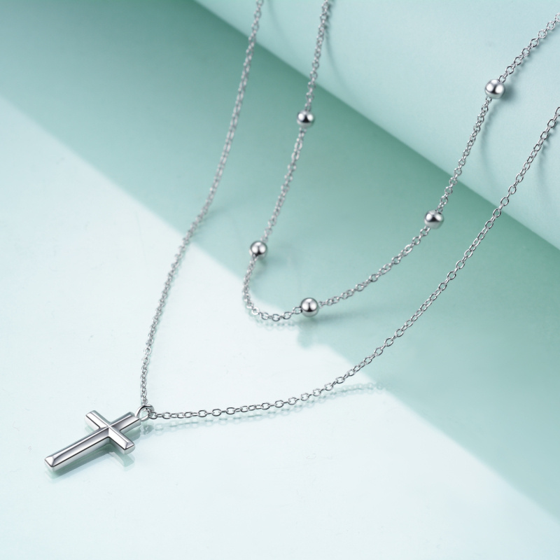 Collar de plata de ley con colgante en forma de cruz de doble capa y cadena de cuentas de estación-3