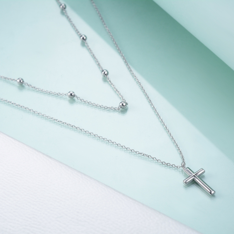 Collar de plata de ley con colgante en forma de cruz de doble capa y cadena de cuentas de estación-4