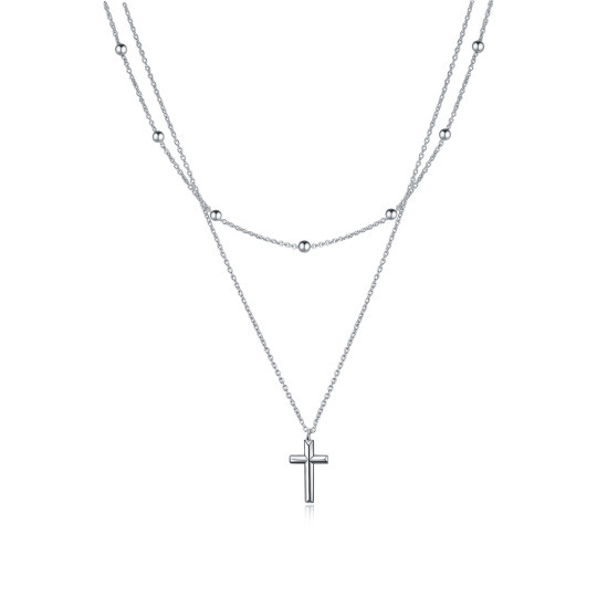 Sterling Silver Cross Pendant Double Layered Necklace with Bead Station Chain
